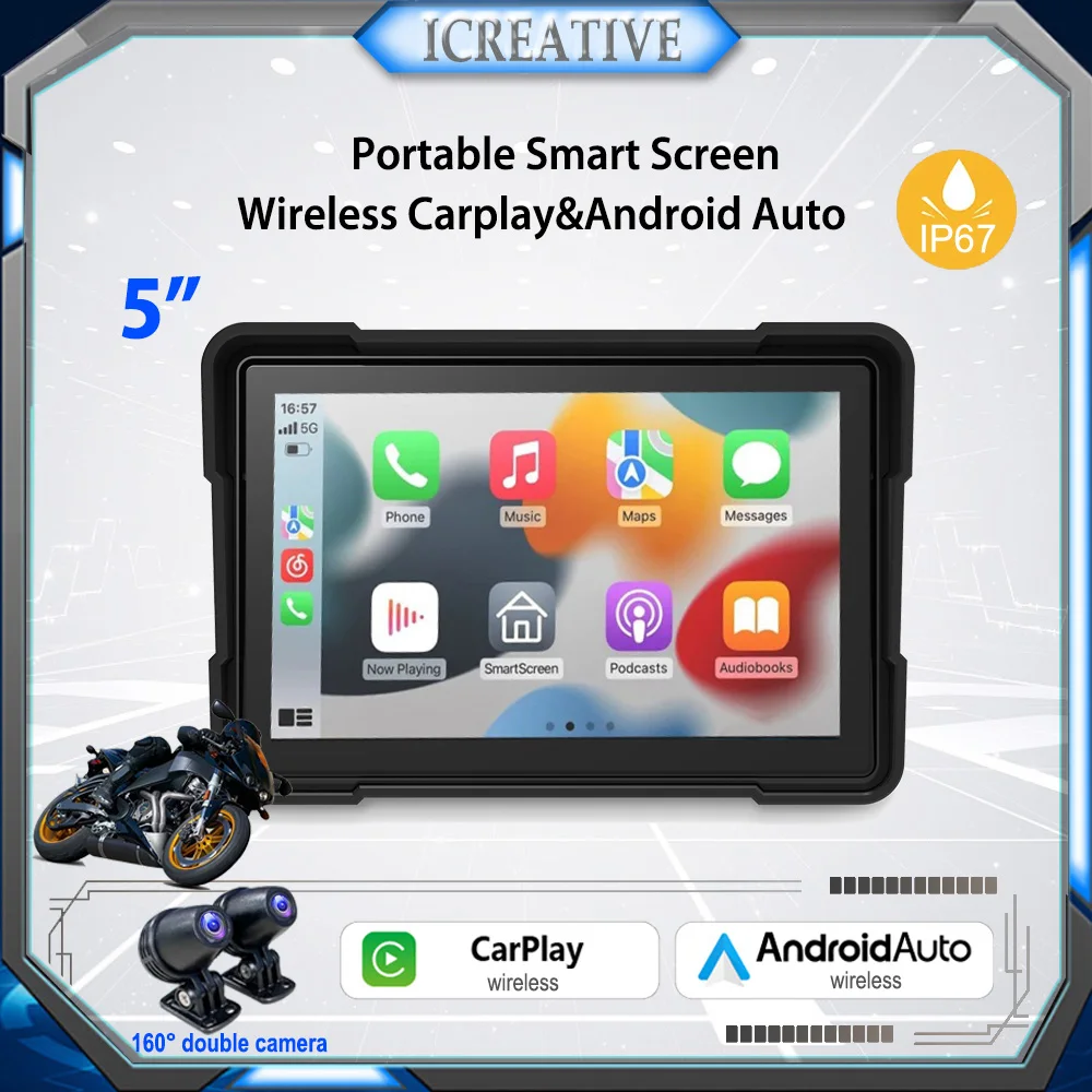 Motorcycle Carplay Wireless Multimedia Phone Link Navigation Smart Touch Screen 5\'\' Display Portable Mp5 Double BT  IP67 Waterpr