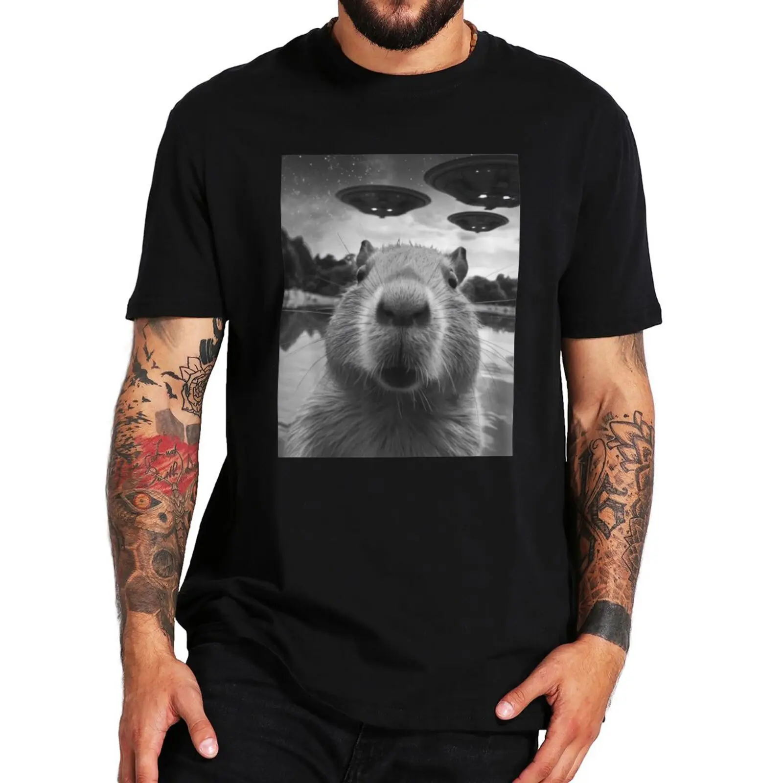 

Capybara Selfie With UFOs T Shirt Funny Graphic Weird T-shirt For Men Women 100% Cotton Unisex Soft Tops EU Size