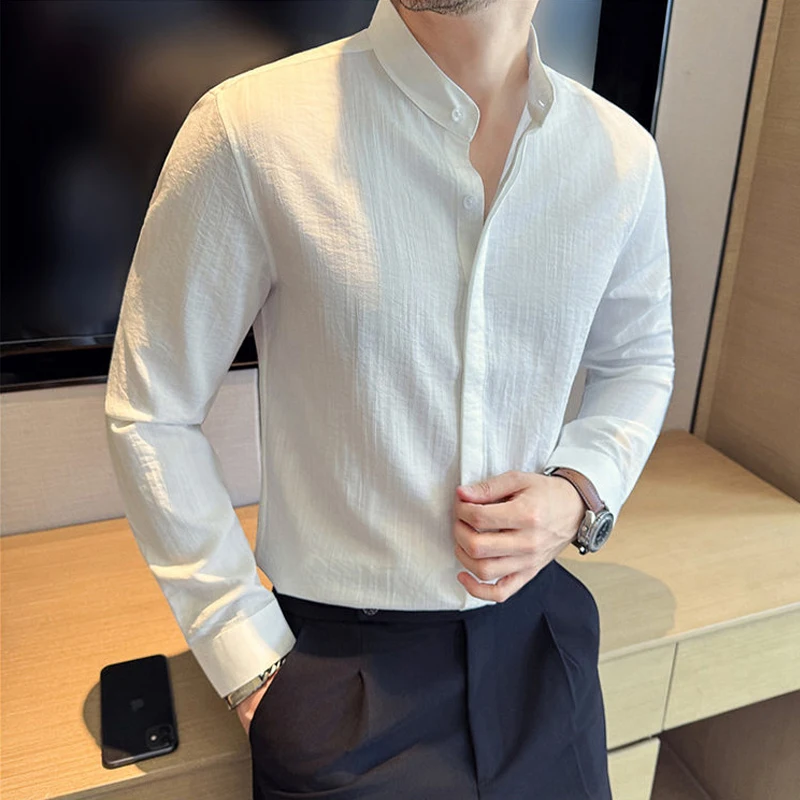 

Винтажная мужская рубашка с воротником-стойкой, модная простая однобортная мужская рубашка с длинным рукавом, повседневная тонкая блузка высшего качества, уличная одежда