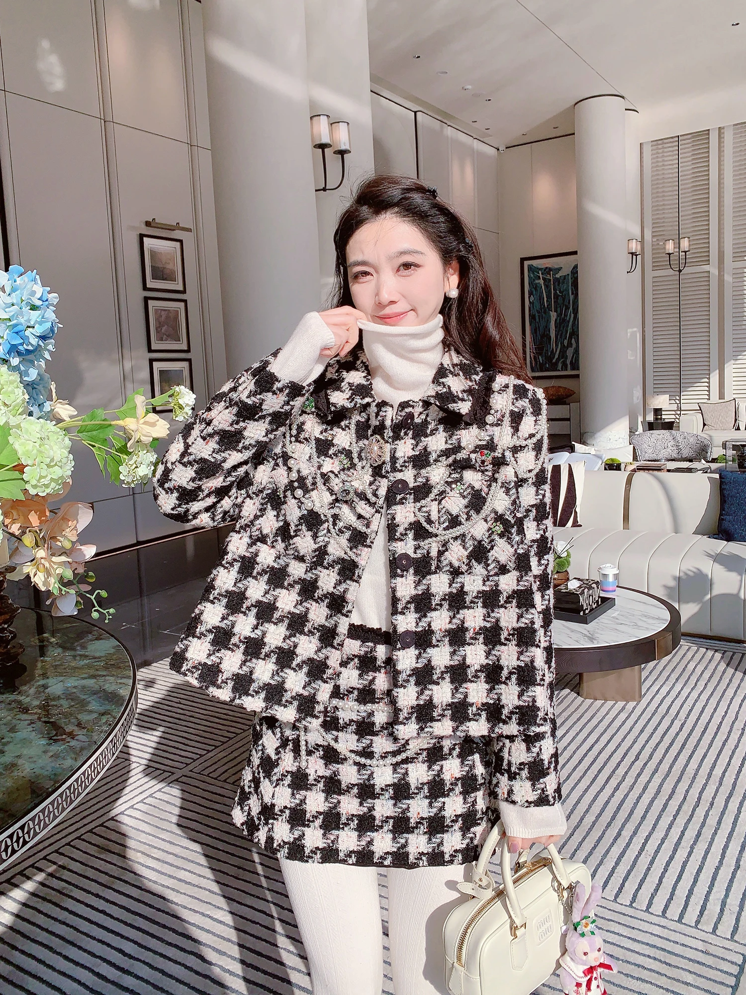 

MissLuxury Small Fraance Thi Tweed Set Women's Autumn Winter Coat Skirt Ele Lady Sle Stand Fit Cotton Blend
