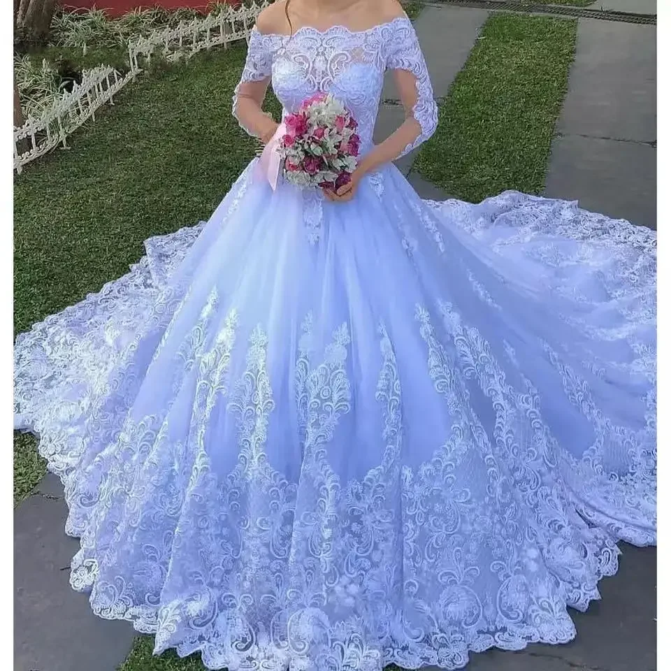 Customized Gorgeous Garden Lace Wedding Dresses Sweep Train Off The Shoulder Vestido De Casamento Long Sleeves Bridal Gowns