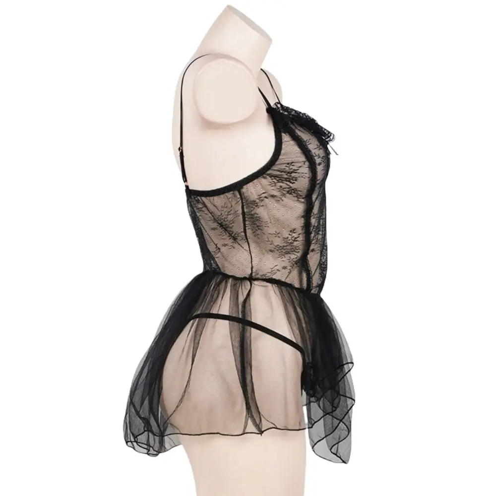 Moda decote em v ver através de renda camisola babado bowknot sling noite vestido transparente bainha irregular renda malha camisola sono