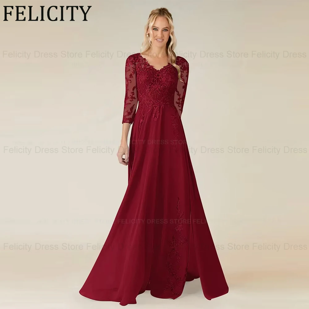 

FELICITY Burgundy Mother of the Bride Dresses 2025 Customized A-Line V-neck Chiffon Lace Floor-Length Formal Wedding Guest Dress
