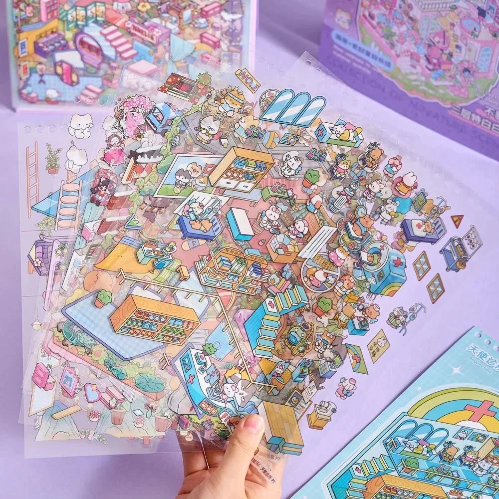 

Новые 20 листов 3D пейзажные наклейки Kawaii Town Series коллекция наклеек 8в1 коллекция мультяшных сцен наклейки праздничный подарок