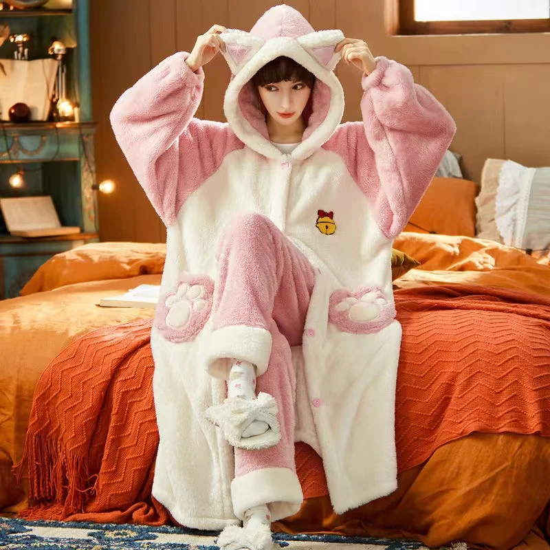 Conjuntos de pijama con capucha para mujer, ropa de dormir de lana de Coral gruesa y cálida, ropa de casa bonita para mujer, Otoño e Invierno