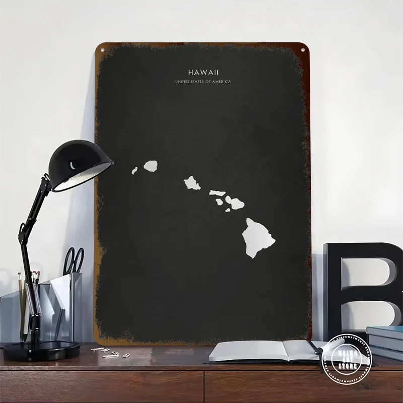 Silver Hawaii State Map 3D Texture Printed Poster Custom Vintage Metal Tin Plate Sign for Wall Art Home Decorations Decor Room