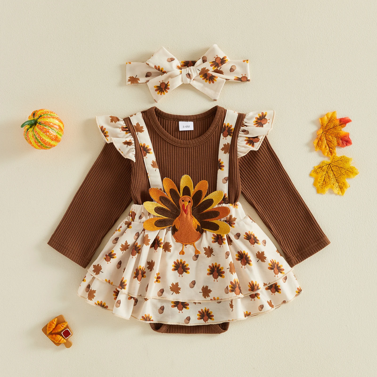 Baby Girls Thanksgiving Bodysuits Outfit Turkey Embroidery Patchwork Romper & Cute Headband Costume