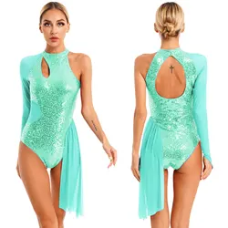 Womens Gymnastiek Ballet Maillots Artistiek Schaatsen Kostuum Glitter Een Schouder Pailletten Sheer Mesh Nauwsluitende Dans Jumpsuit