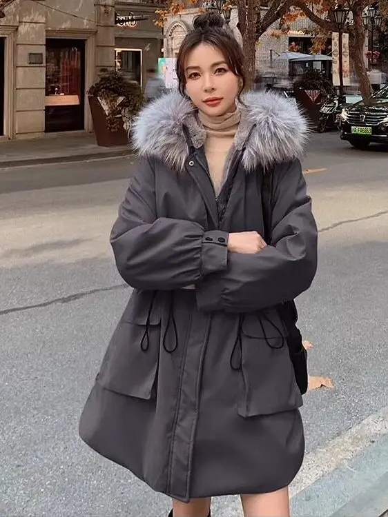 2026 Winter Women's Down Cotton Jacket Commuter Hoodie Fake Fur Parker Jacket