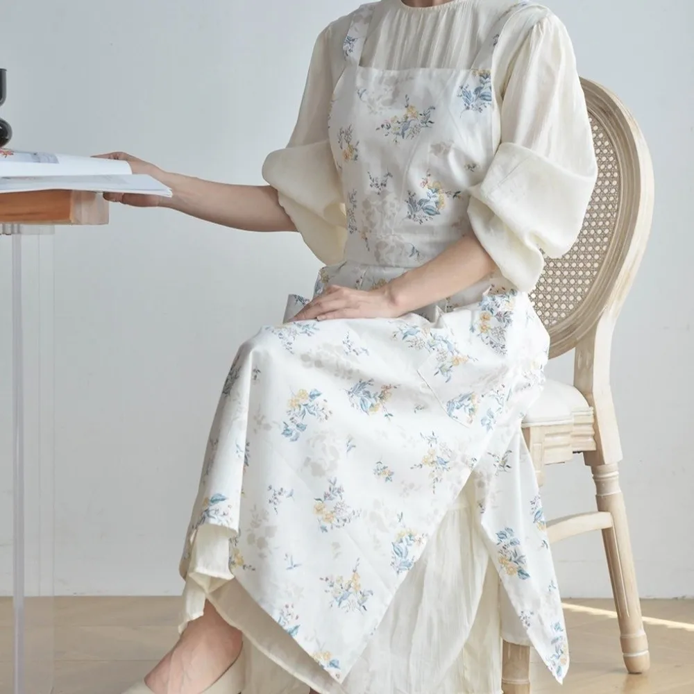 

Floral Pattern Cotton Apron Pleated Skirt Stain-resistant Korean-style Apron Pure Cotton Country Design Kitchen Apron