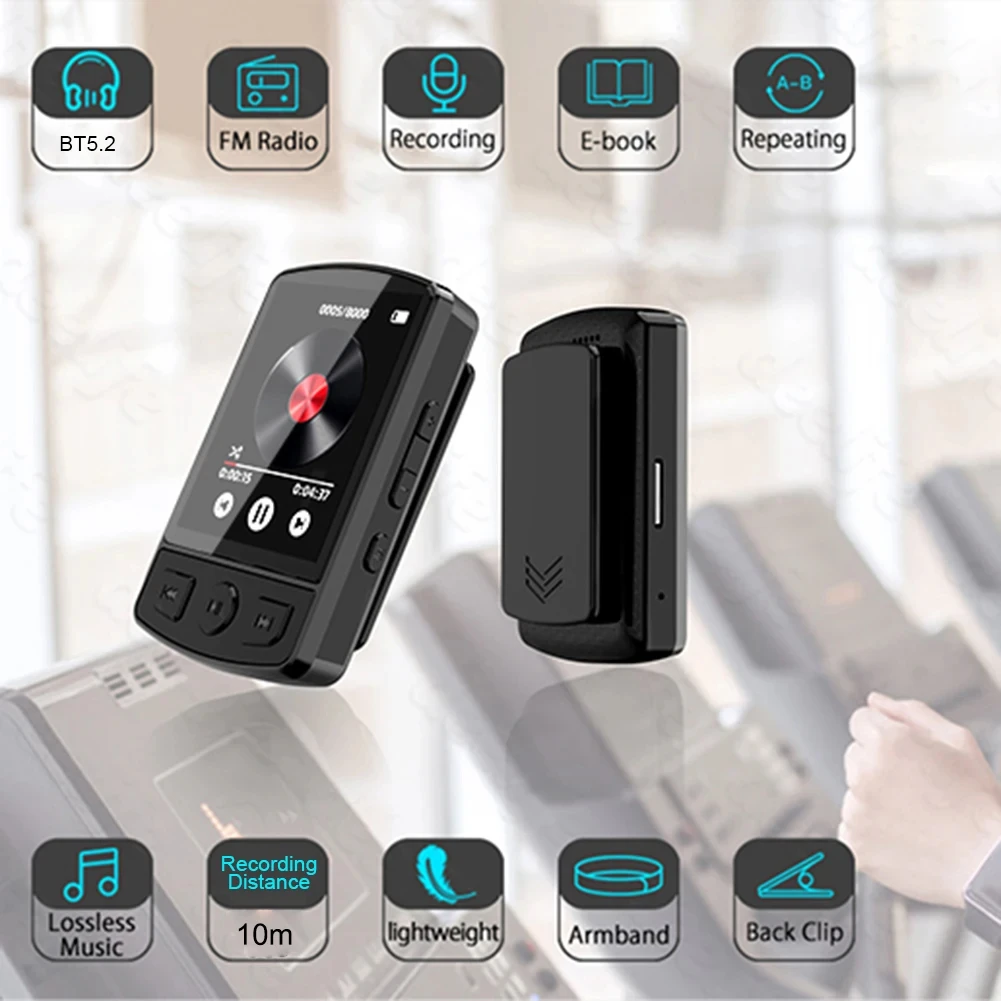 مشغل MP3 محمول مع راديو FM ، مشبك جهاز اتصال ، صوت HiFi ، متوافق مع بلوتوث ، شاشة