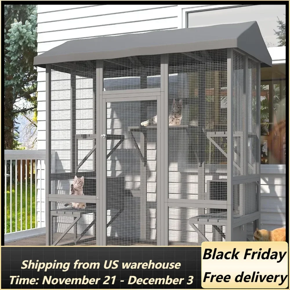 Outdoor Cat Enclosure, Large Cat House for Mulitiple Cats Walk in Cat Cage with Waterproof Cover and Sunshine Panel Roof