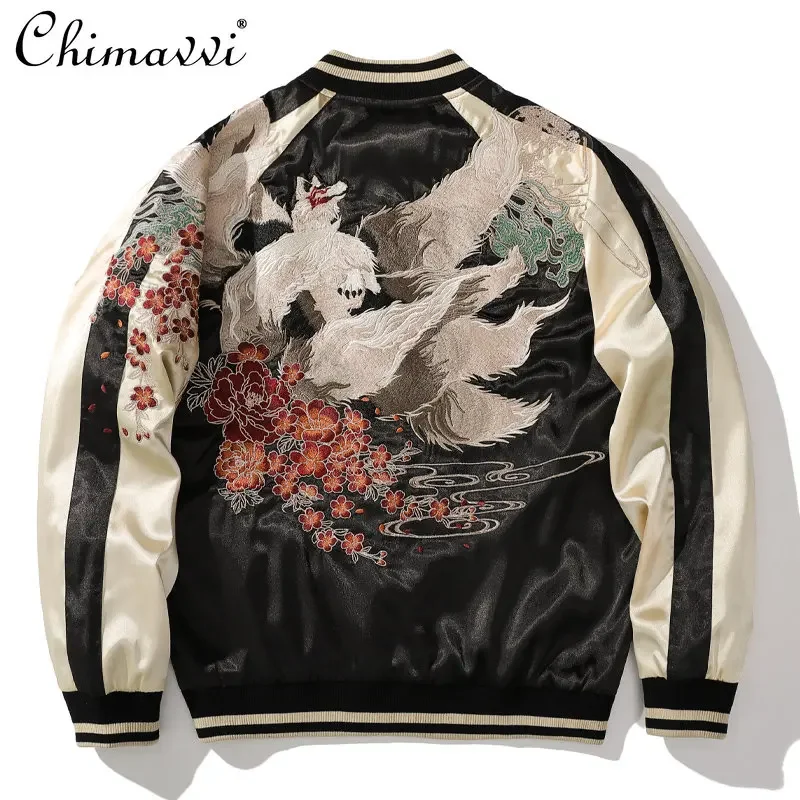 

New Spring Heavy Jacket Fashion Cotton Coat Men's Embroidered Nine Tail Fox Streetwear Long Sleeve Personalized Baseball Uniform