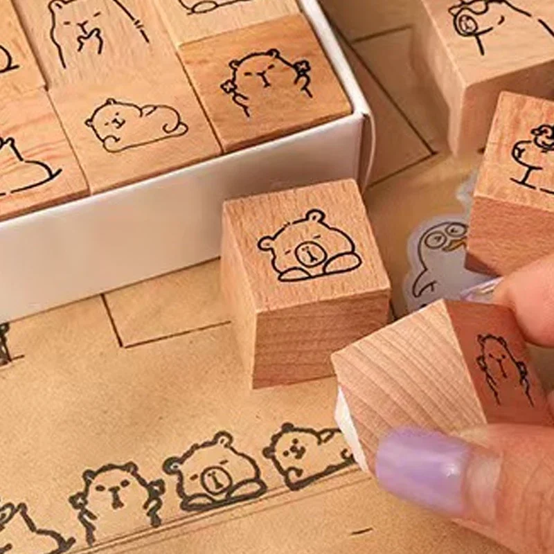 9Pcs/Lot Capybara Children Toy wood Stamp Cartoon Kid Seal DIY Scrapbook Photo Album Decor Stamper children's day gift