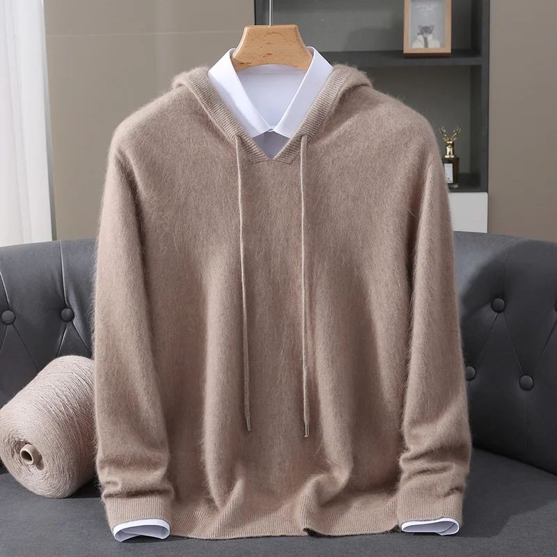 2025 Autumn Winter Hooded Collar Mink Cashmere Knitted Sweater Men's Drawstring Pullover High-End Thick Casual Sweater Loose Fit