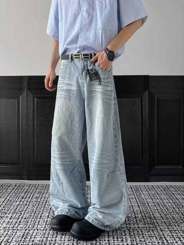 Trendy Men's Wide Leg Jeans Autumn Loose Casual Straight Washed Long Pants Design Sense American Style Versatile Classic