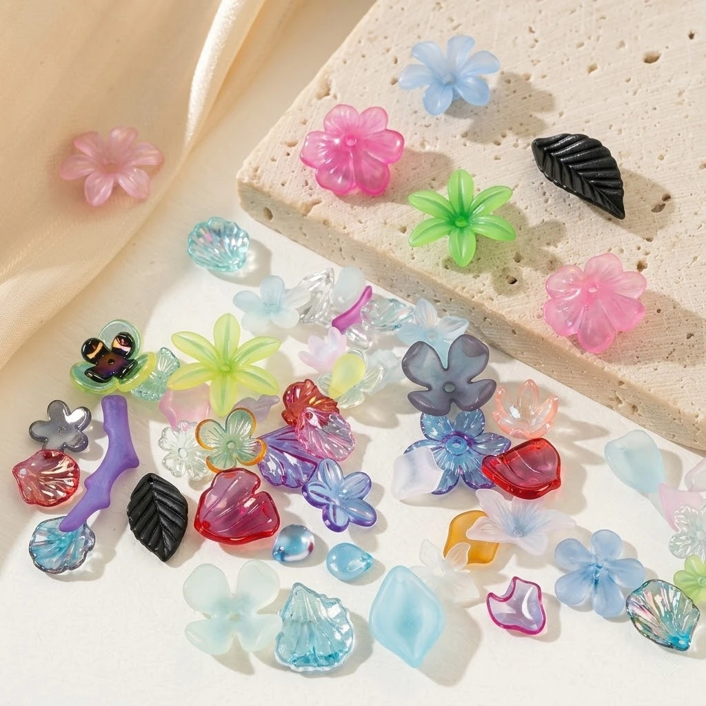 20g/100g gemischte Acryl-Blumen- und Blatt-Abstandsperlen im niedlichen Stil für DIY handgemachte Armbänder, Halsketten, Schmuckherstellung, Bastelbedarf – Detail 2