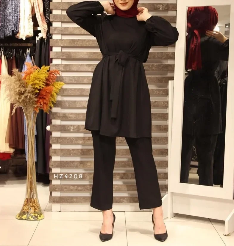 

2PCS Women Muslim Sets Casual Dubai Outfits Islamic Clothes Elegant Long Sleeve Blouse Pants Sets Solid Urban Tracksuit