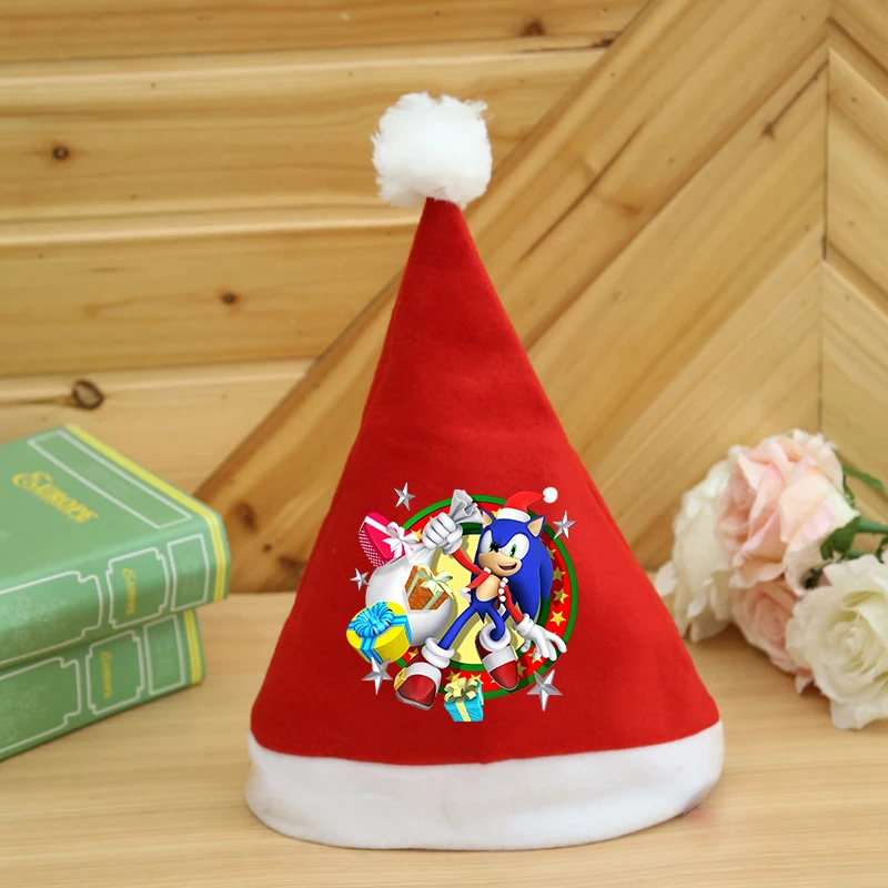 Sonics Merry Christmas Hats Anime Figures Kids Adult Cloth Santa Claus Hat Xmas Beanies Caps Party Decoration New Year Gift 2025