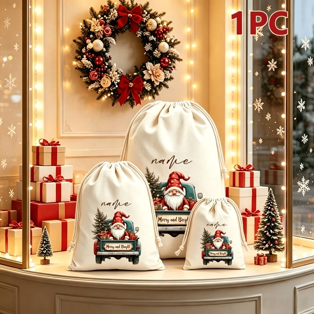 1Pc Custom Name/Text Xmas Imitation Hemp Gift Bag, Gnome & Vintage Truck Christmas Tree Theme Drawstring Closure Storage Bags