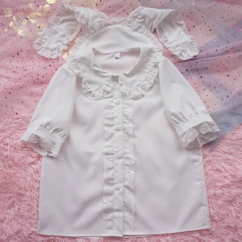 Japanese Spring Summer Students Long/short Sleeve Shirts Cute Rabbit Ears Elegant Single-breasted Loose Women Blouses Lolita Top