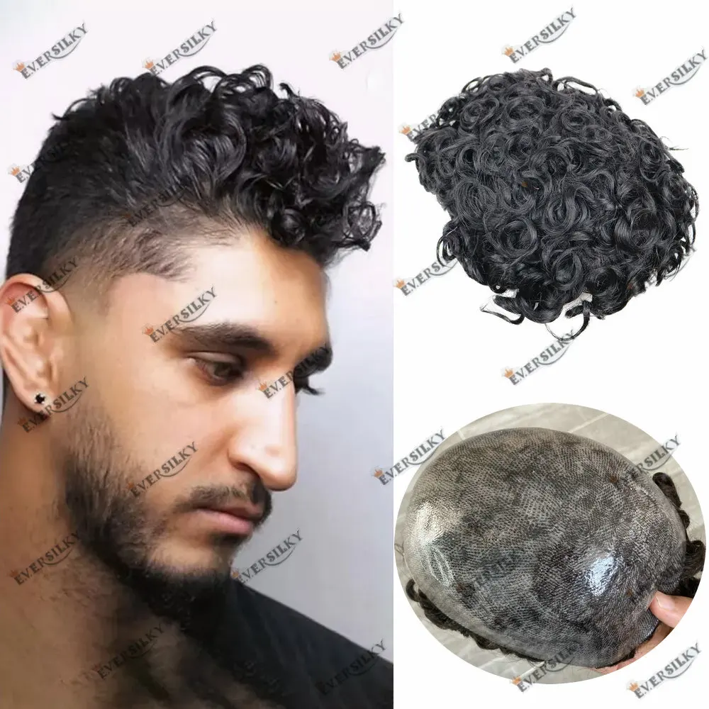 

22MM Curly Natrual Frontline Toupee Super Durable Thin Skin Full PU Wave 100% Human Hair System Men's Capillary Prosthesis Unit