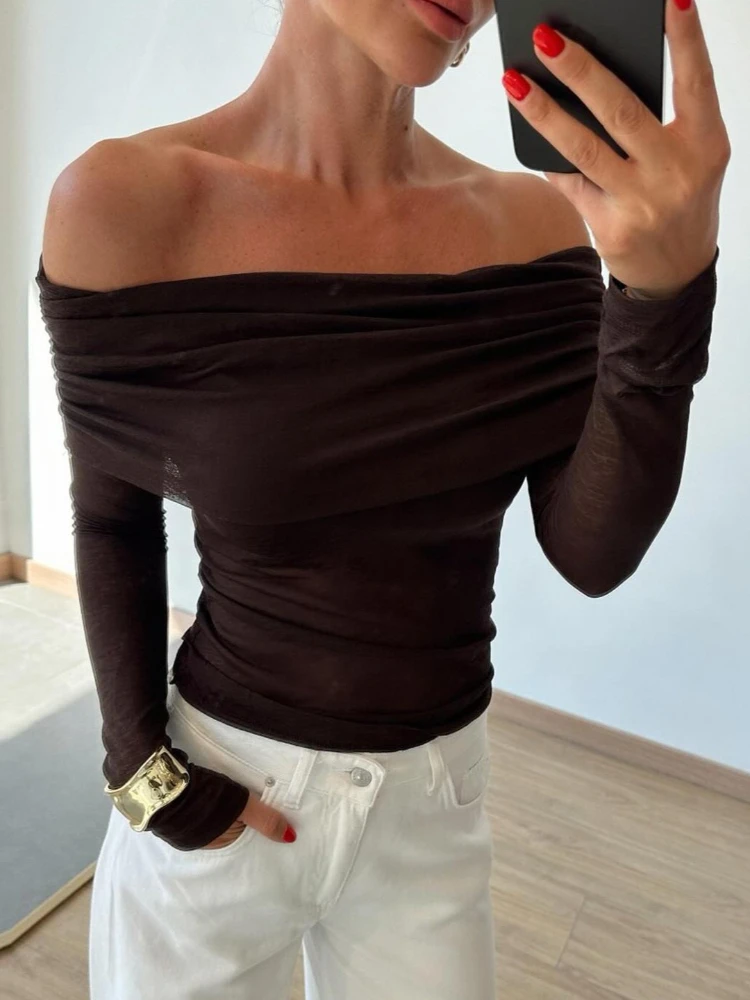 

SsTss уличный стиль коричневый топ для похудения с открытыми плечами для женщин модные облегающие футболки с длинными рукавами и рюшами модные повседневные женские футболки