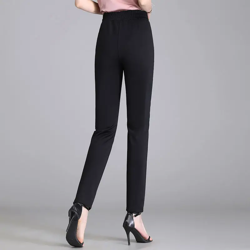 Temperament Straight Micro Flared Pants Women Elastic High Waist New Autumn Solid Pockets Diamonds Fashion Slim Casual Trousers