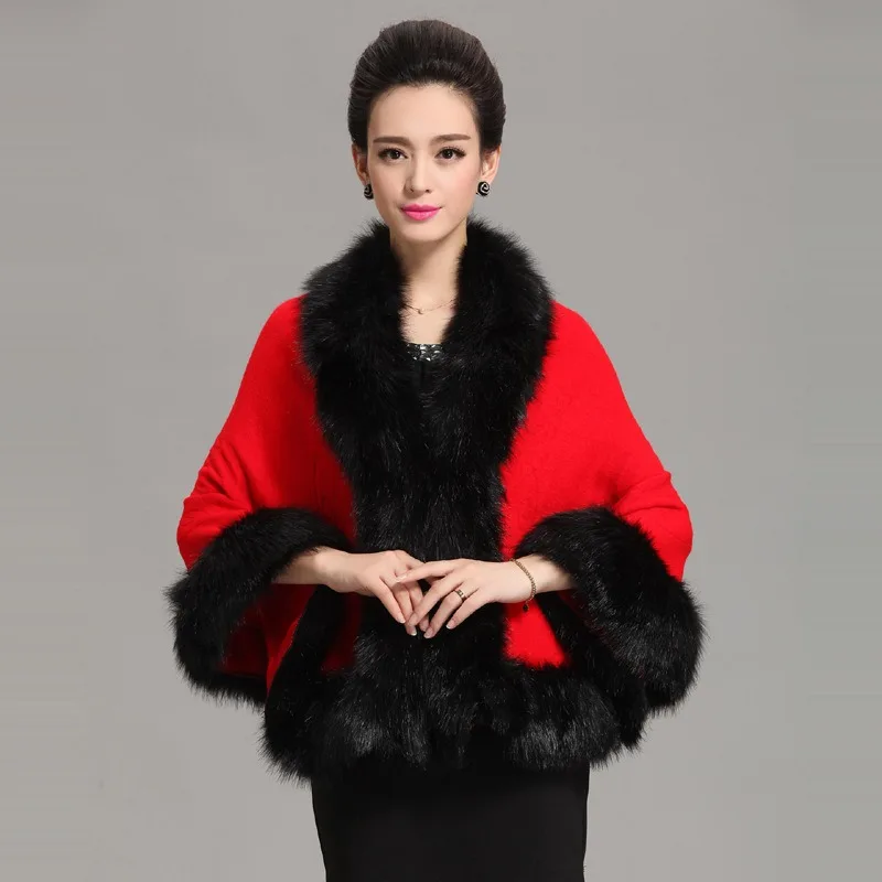 

Autumn and Winter New Imitation Fox Fur Shawl Cape Plus Size Women's Knitted Cardigan Jacket