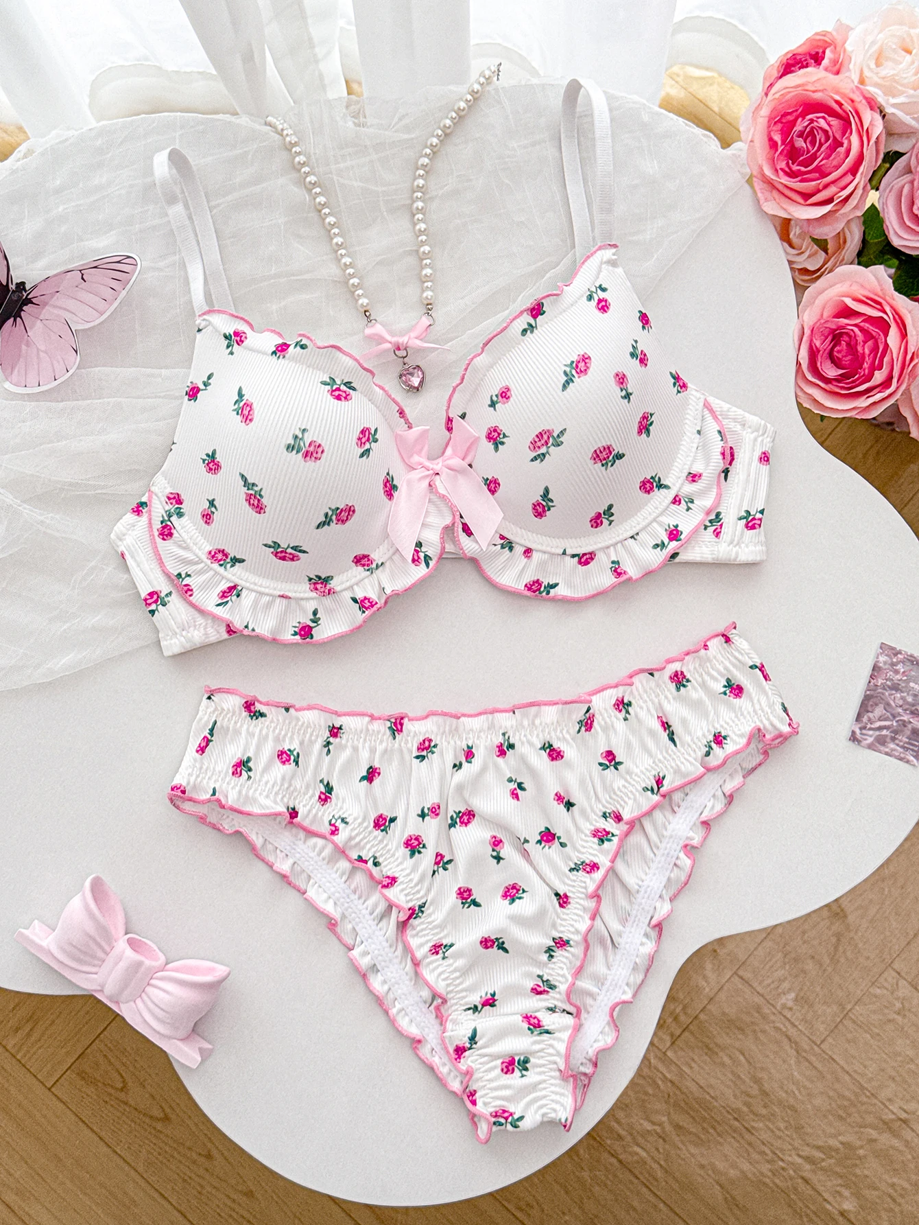 Floral A B C D Cup Women's Underwear Set Ribbed Knit Push Up Bra Daily Comfort Panties Women Ruffle Edge Lingerie Set