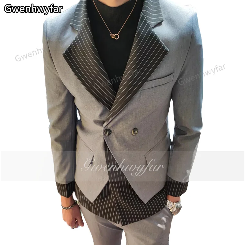 Gwenhwyfar Fashion High Quality Custom Stitching Design Casual Blazer Men's Korean Street Retro Double Breasted Men's Suit