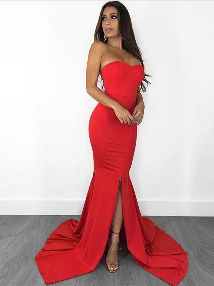 Sexy Strapless Black Maxi Dress Sweetheart Padded Front Slit Bare Shoulder Customized Evening Party Gown Maternity Dresses Women