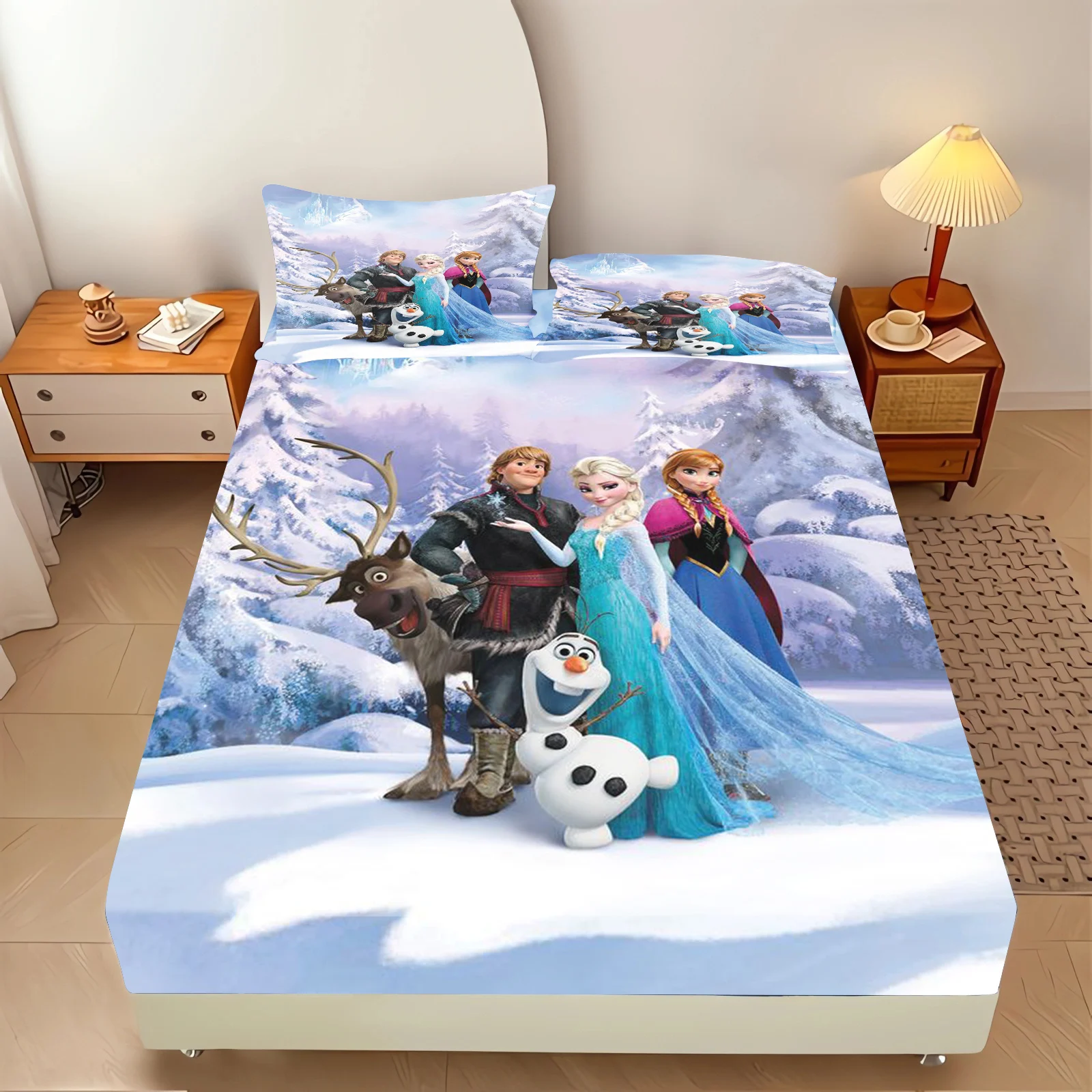 Princess Elsa, Frozen 100% Polyester 2/3pcs Bedding Set  Fitted Sheet Bed Cover Full 3D Printed Children'S With Pillowcase