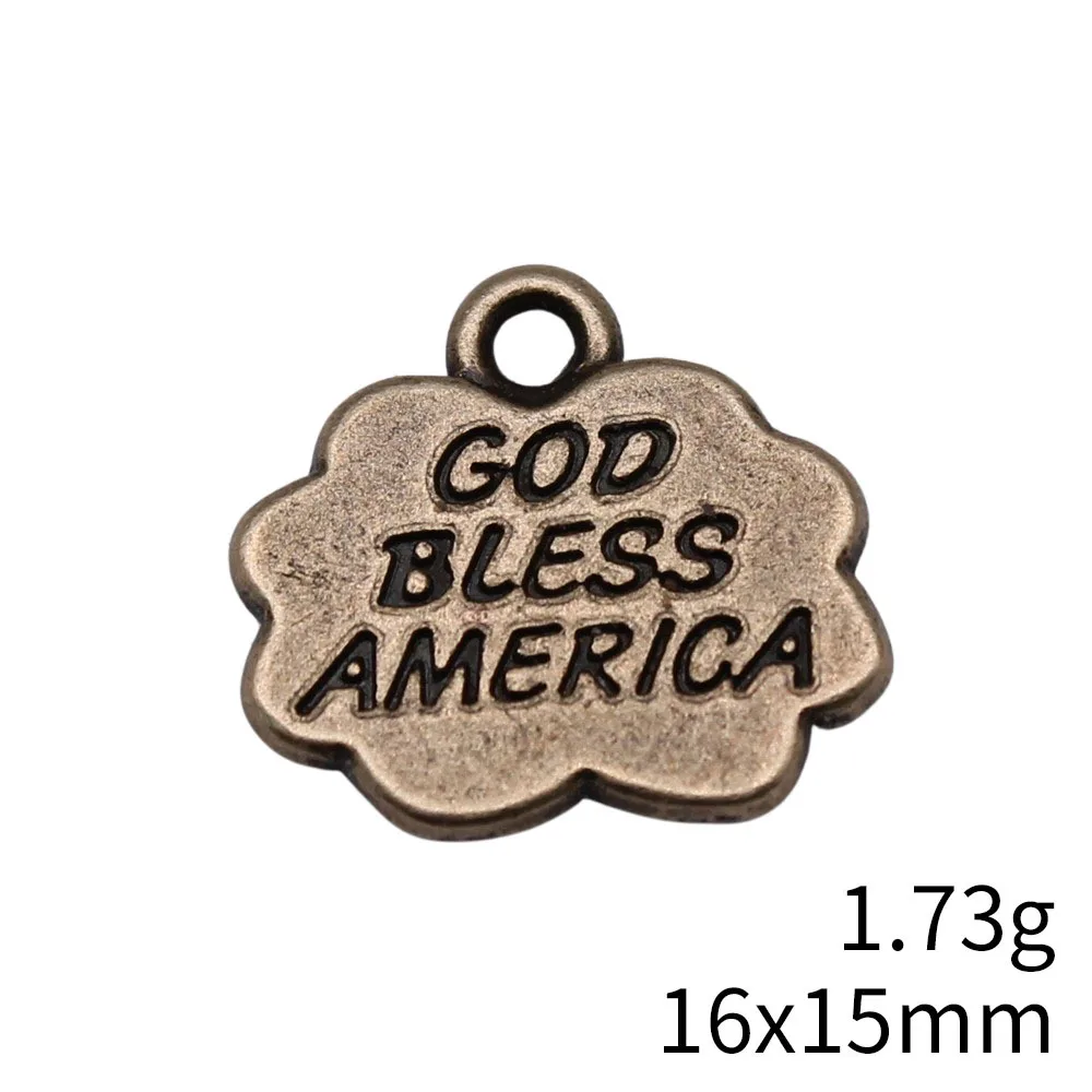 WYSIWYG-Deus Abençoe a América Encantos, Antique Bronze Cor, Pingente para Fazer Jóias DIY, Descobertas Artesanais, 10PCs, 16x15mm