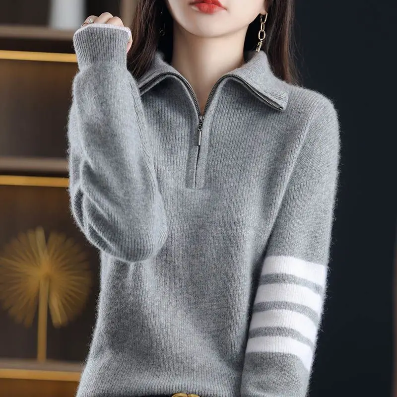 Fashionable Korean Style Thickened Zipper Lapel Knitted for Women's Autumn Winter New Versatile Loose