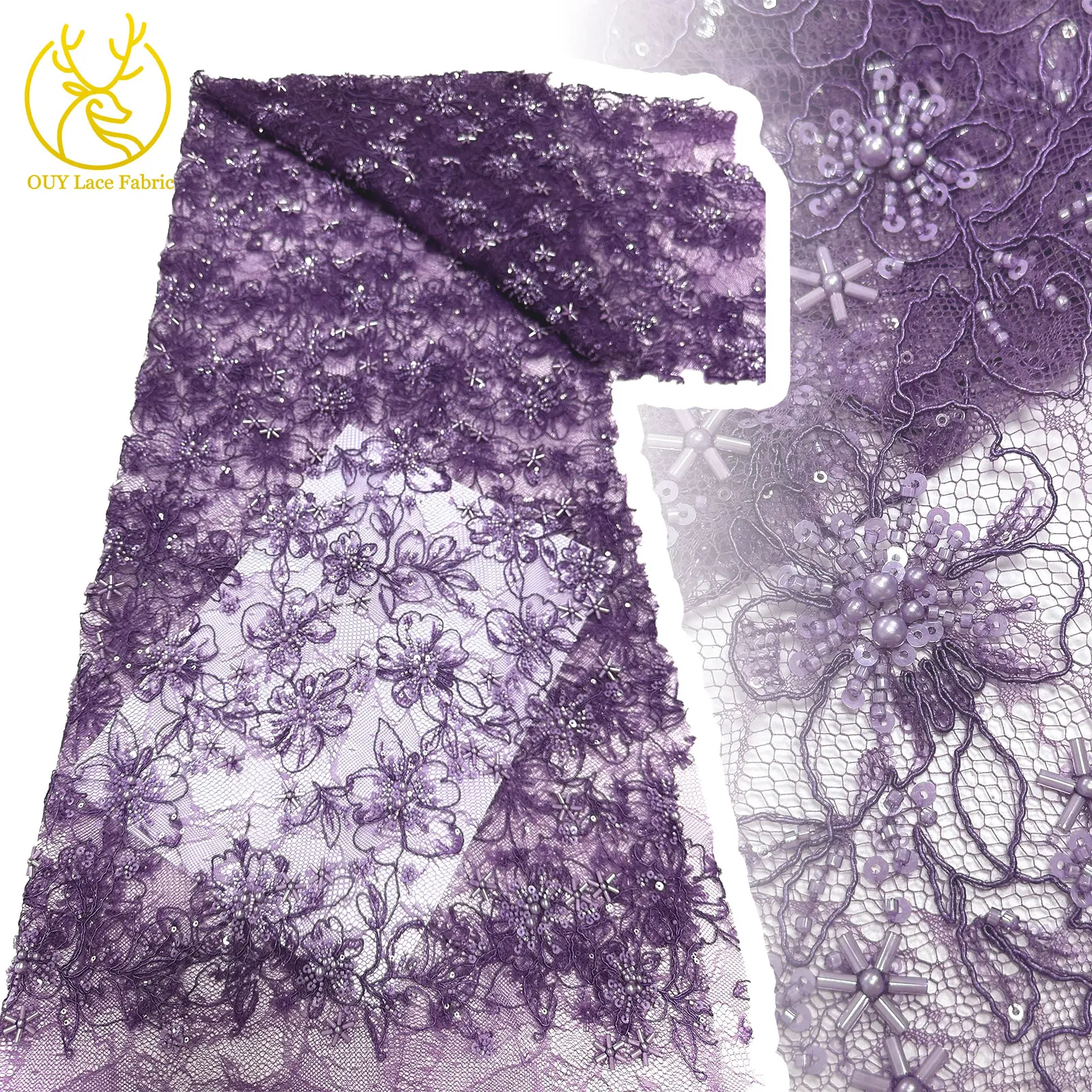 

Nigerian Purple Lace Fabric Fashion Women's Clothing African Sequin Tulle Lace Luxurious Handmade Beaded Fabric Wedding 5 Yards