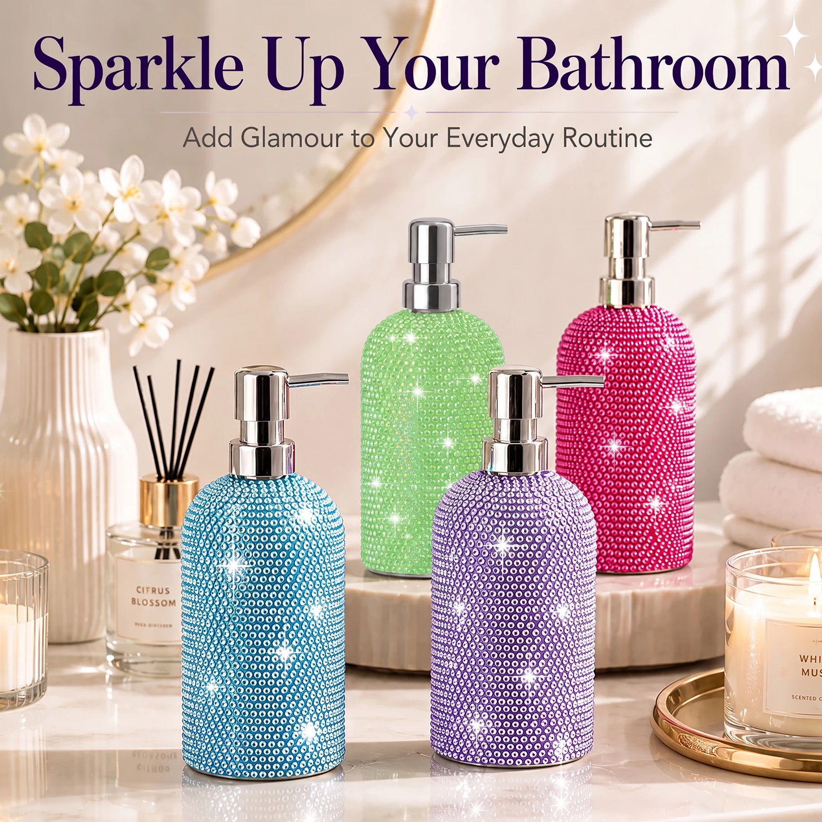 Colorful Bling Pump Bottle Decorative Plastic Vanity Dispenser with Rhinestone Look Glam Bathroom Countertop Accent for Lotion