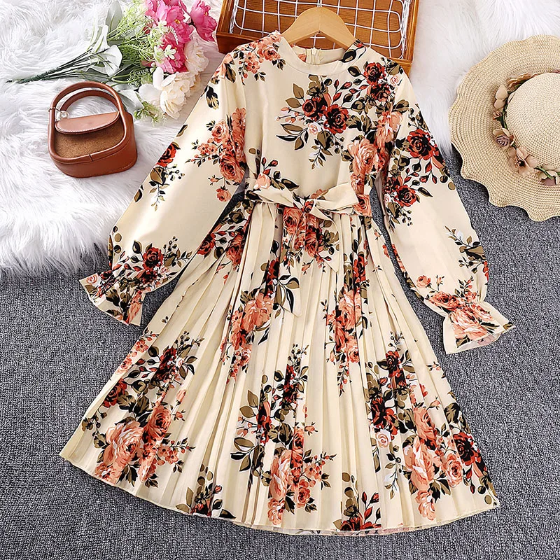 Girls 8‑10Y Spring Autumn Dress Floral Print Stand Collar Long Puff Sleeve Self‑Tie Belt Pleated Swing Midi Dress For Daily