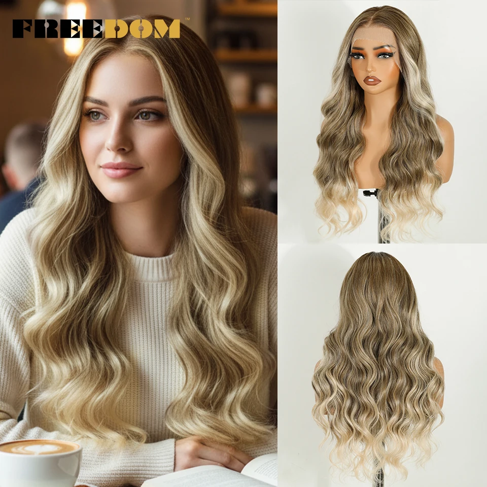 

FREEDOM Long Body Wave Synthetic Lace Front Wigs For Women 24 Inch Highlight Ombre Blonde Brown Lace Wig 360 Frontal Wigs