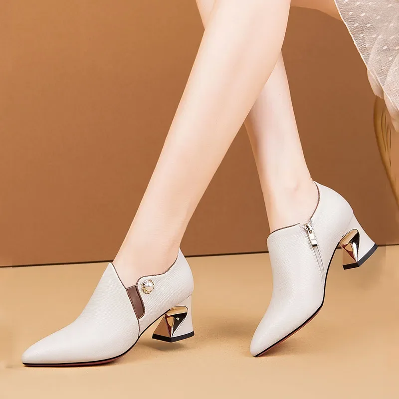 Botas Femininas Women Fashion Pointed Toe Comfort Spring & Autumn Ankle Heel Boots Lady Casual Beige High Quality Shoes A147