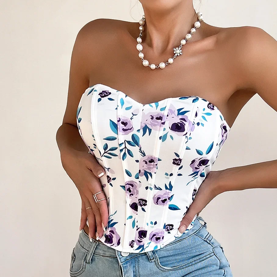 Women Floral Print Tank Tops Push Up Strapless Tube Top Camisole Corsets Sexy Summer Off Shoulder Strapless Tanks Bustiers