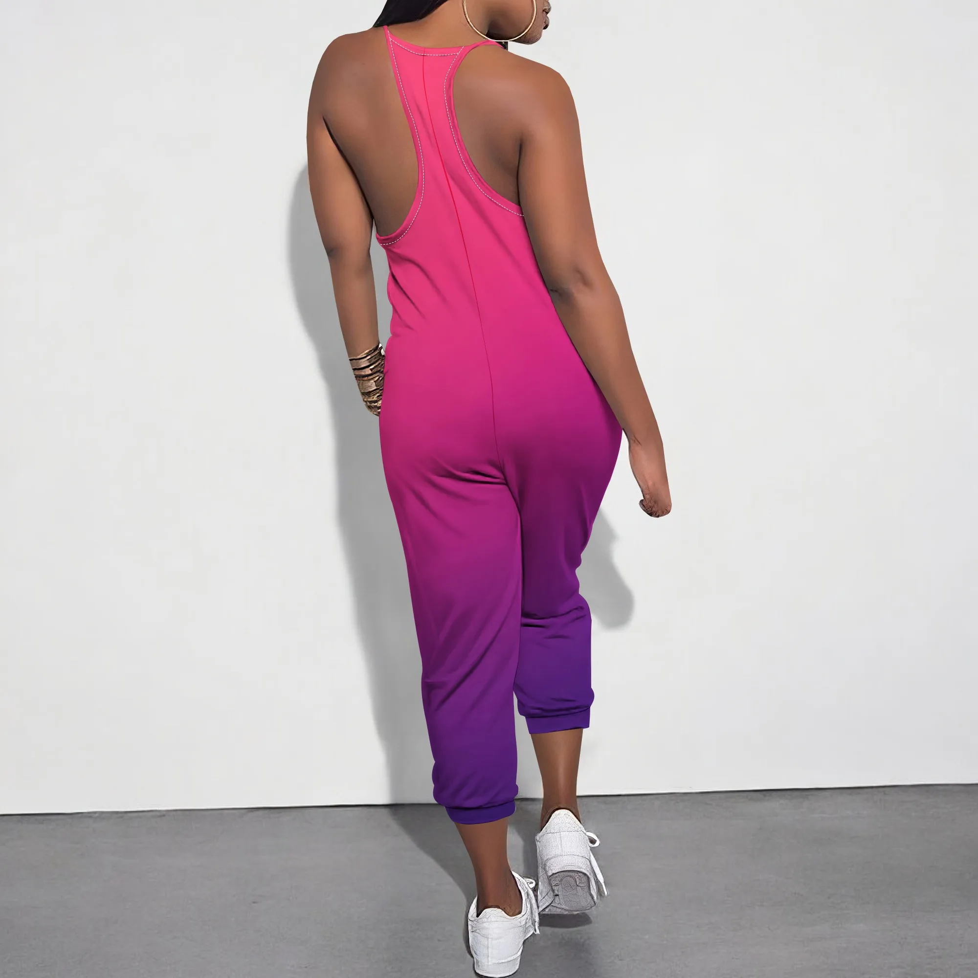 Tuta da donna sexy con scollo a V senza maniche con retro scollato Pantaloni lunghi stampati sfumati con tasche Pagliaccetti casual