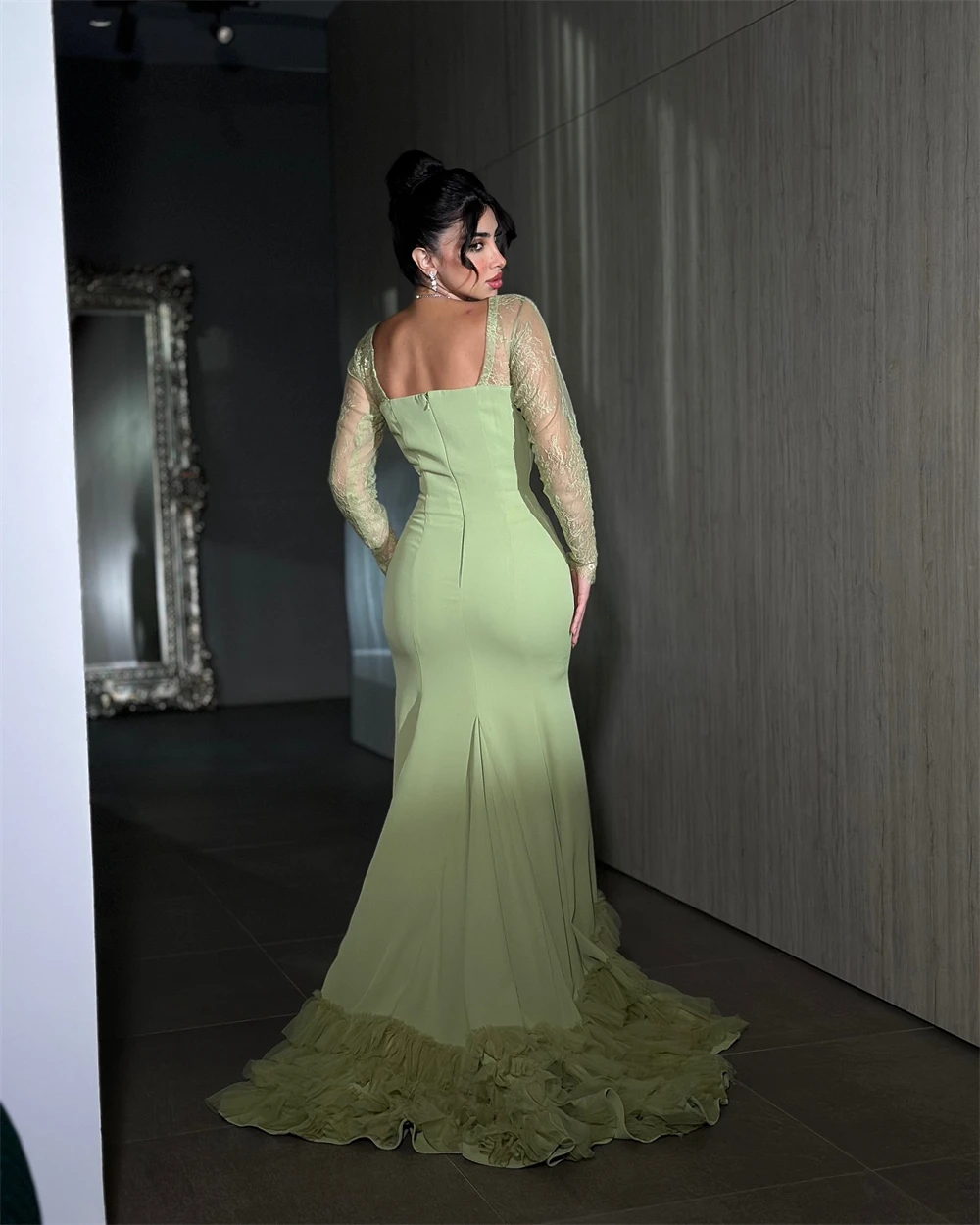Robe de soirée de forme sirène, personnalisée, élégante, manches longues, Jersey vert, avec traîne Court, fermeture éclair au dos, robe de célébrité