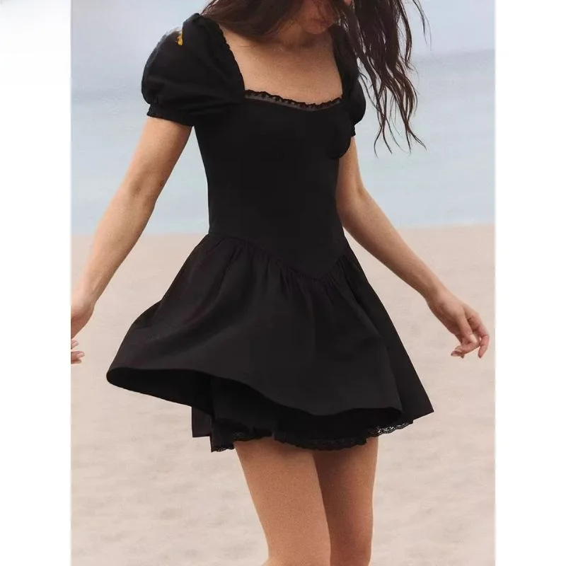 

Spring 2025 Sexy Lace Silk Square Collar ort Dr Women's Faion New Arrival Ele mat Sle Polyester Fiber