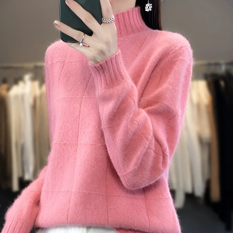 Autumn and Winter Semi-Turtleneck Women\'s Clothing 100% Mink Cashmere Sweater Women Knitted Pullover Checkered Long-Sleeved Tops