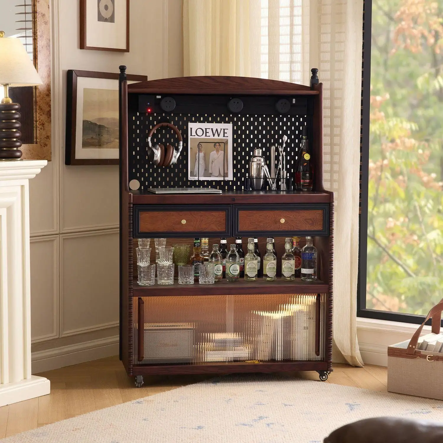 Französischer Retro-Stil Massivholz-Beistellschrank mit Rollen, Restaurant-Aufbewahrungsschrank, amerikanischer Weinschrank, Kaffeeschrank