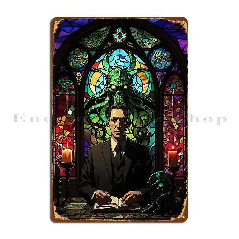 Retro Church Of Cthulhu Stained Glass Window With Hp Lovecraft Metal Sign Painting Club Club Bar Print Pub Mural Tin Sign Poster