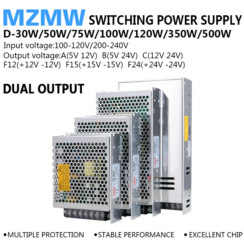 Dual Output Switching Power Supply 30W 50W 75W 100W 120W 350W 500W 10V -5v 12V -12V 15V -15V 24v -24v AC/DC Driver Transformer