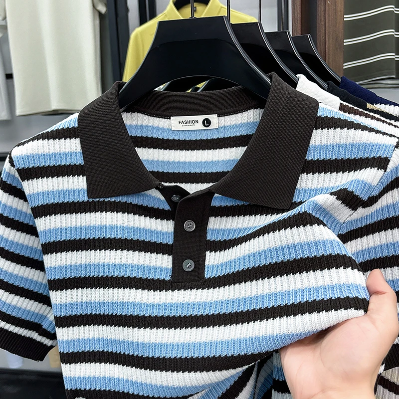 Light Luxury Knitted Polo Shirt Men's Short Sleeved 2026 Summer New Item Versatile Fashion Lapel Ice Silk T-shirt