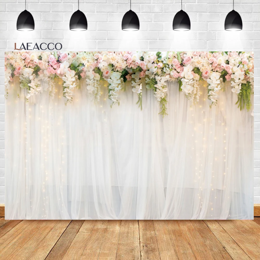 

Laeacco Pink White Roses Flowers Curtain Photography Backdrop Anniversary Bridal Shower Women Birthday Portrait Photo Background